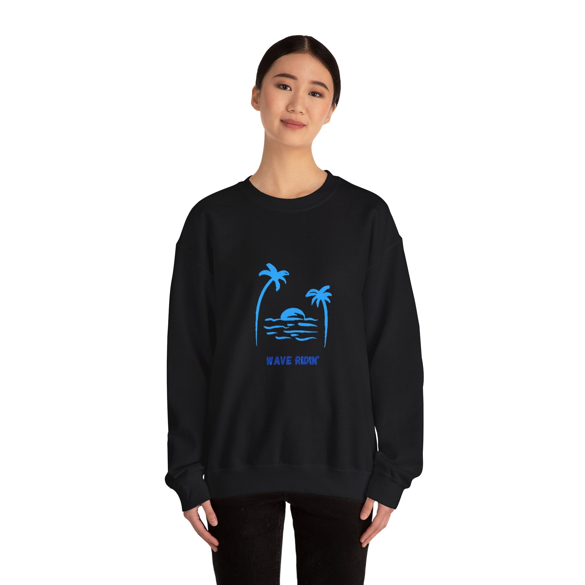 Crewneck Sweatshirt — Blue Tropical 'Wave Ridin'' Palm Tree Design