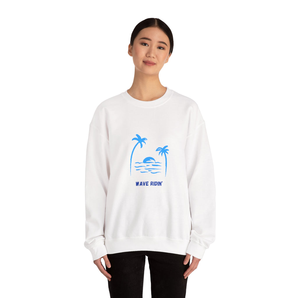 Crewneck Sweatshirt — Blue Tropical 'Wave Ridin'' Palm Tree Design