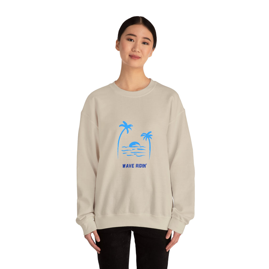 Crewneck Sweatshirt — Blue Tropical 'Wave Ridin'' Palm Tree Design