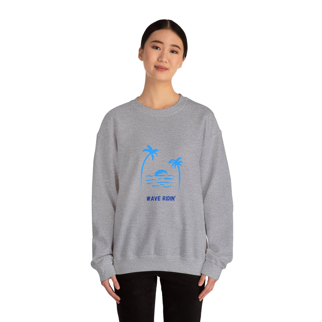 Crewneck Sweatshirt — Blue Tropical 'Wave Ridin'' Palm Tree Design